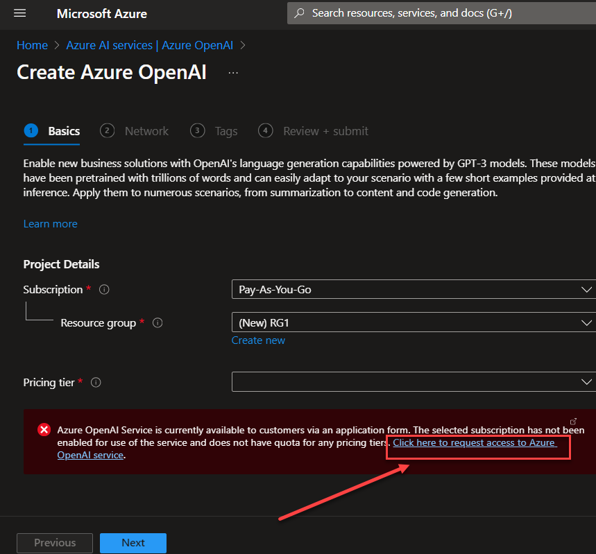 1.3 Request access to Azure OpenAI services if not automatically available